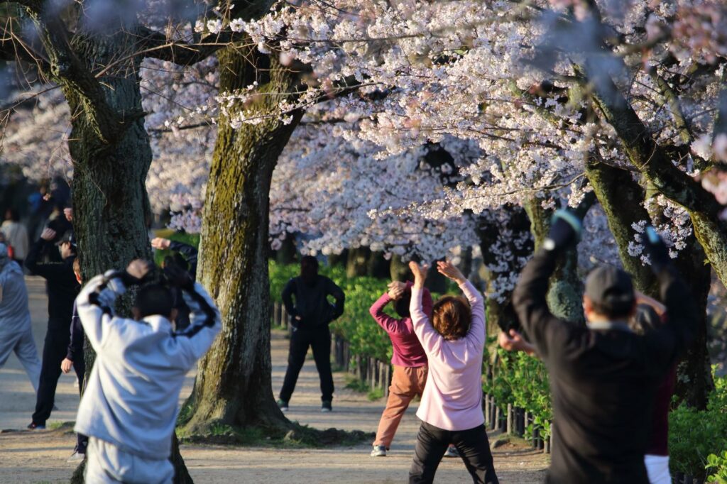 公園で数人がラジオ体操をしている後ろ姿